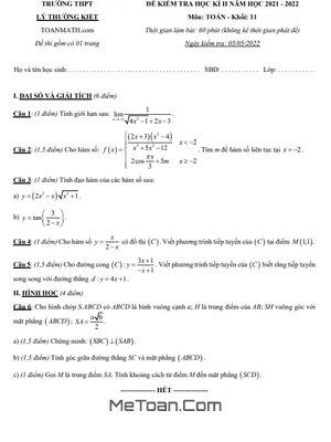 Đề thi học kỳ 2 Toán 11 năm 2021 - 2022 trường THPT Lý Thường Kiệt - TP HCM