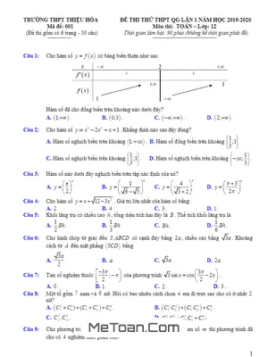 Đề Thi Thử Toán THPT QG 2020 Lần 1 Trường THPT Thiệu Hóa - Thanh Hóa