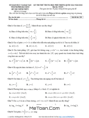Đề thi thử THPT Quốc gia 2018 môn Toán sở GD&ĐT Đà Nẵng mã đề 203