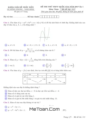Đề thi thử THPT Quốc gia 2017 môn Toán trường THPT Lê Hồng Phong - Nam Định lần 1