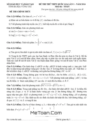 Đề Thi Thử THPT Quốc Gia 2016 Môn Toán - Sở GD&ĐT Bà Rịa - Vũng Tàu Lần 1