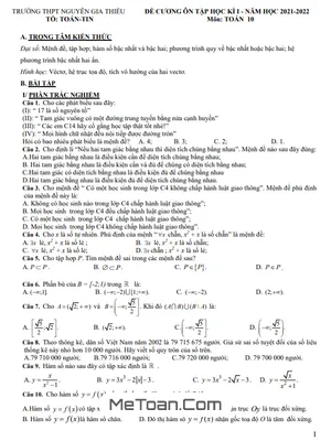 Đề Cương Ôn Tập Học Kì 1 Toán 10 Năm 2021 - 2022 Trường THPT Nguyễn Gia Thiều - Hà Nội