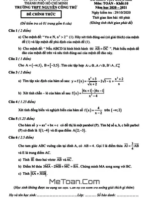 Đề thi giữa HK1 Toán 10 năm 2020 - 2021 trường THPT Nguyễn Công Trứ - TP HCM