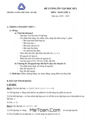 Đề Cương Ôn Tập Học Kì 1 Toán Lớp 6 Năm 2020 - 2021 Trường Lương Thế Vinh - Hà Nội