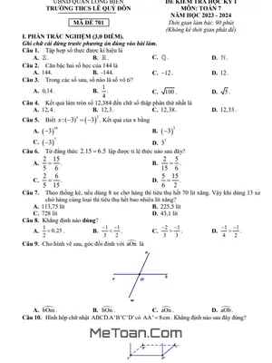 Đề thi học kỳ 1 Toán lớp 7 năm 2023 - 2024 trường THCS Lê Quý Đôn - Hà Nội