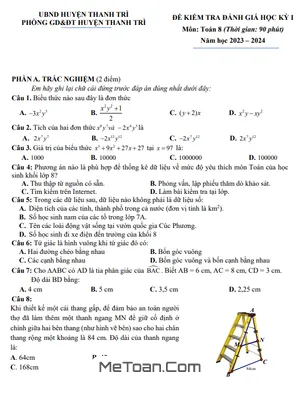 Đề thi học kỳ 1 Toán lớp 8 năm 2023 - 2024 phòng GD&ĐT Thanh Trì - Hà Nội