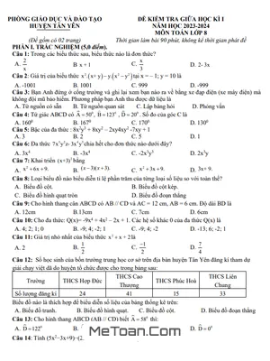 Đề thi giữa kì 1 Toán 8 năm 2023 - 2024 phòng GD&ĐT Tân Yên - Bắc Giang