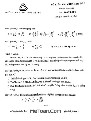 Đề thi giữa kì 1 Toán 7 năm 2020 - 2021 trường Lương Thế Vinh - Hà Nội