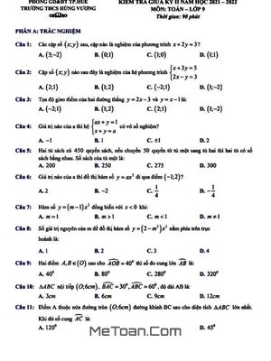 Đề kiểm tra giữa kỳ 2 Toán 9 năm 2021 - 2022 trường THCS Hùng Vương - TT Huế