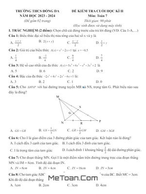 Đề thi học kì 2 môn Toán lớp 7 năm 2023 - 2024 trường THCS Đống Đa - Hà Nội