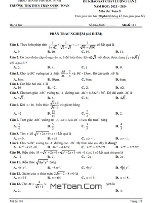 Đề khảo sát chất lượng lần 2 Toán 9 năm 2023 - 2024 trường Trần Quốc Toản - Bắc Ninh