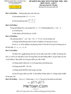 Đề thi học kì 2 Toán 9 năm 2020 - 2021 phòng GD&ĐT thị xã Ninh Hòa - Khánh Hòa