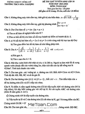 Đề thi thử vào lớp 10 môn Toán năm 2023 - 2024 trường THCS Hoá Thượng - Thái Nguyên