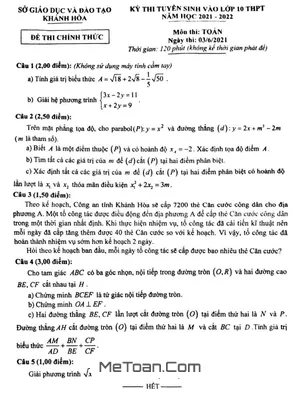 Đề thi tuyển sinh lớp 10 môn Toán năm 2021 - 2022 Sở GD&ĐT Khánh Hòa