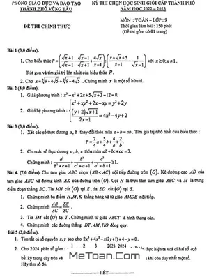 Đề thi học sinh giỏi Toán 9 năm 2022 - 2023 phòng GD&ĐT Vũng Tàu - BR VT