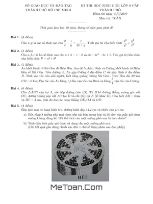 Đề thi học sinh giỏi Toán 9 năm 2018 - 2019 sở GD&ĐT TP HCM
