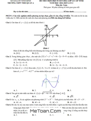 Đề chọn đội tuyển HSG Toán 12 lần 2 năm 2024 - 2025 trường Nho Quan A - Ninh Bình