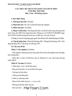 Đề minh họa Toán tuyển sinh 10 không chuyên Nam Định năm 2025 - 2026
