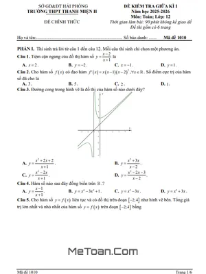 Đề Thi Giữa Học Kỳ 1 Môn Toán Lớp 12 Năm 2025-2026 Trường THPT Thanh Miện 2, Hải Phòng (Kèm Đáp Án)