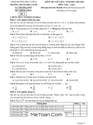 Đề thi Giữa Học Kì 1 Toán 6 Năm 2025 – 2026 Trường THCS Lý Thường Kiệt – Đà Nẵng