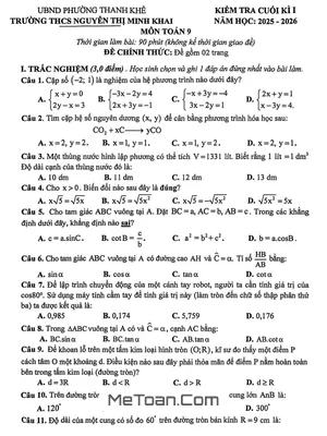 Đề thi học kì 1 Toán 9 năm 2025 – 2026 trường THCS Nguyễn Thị Minh Khai - Đà Nẵng