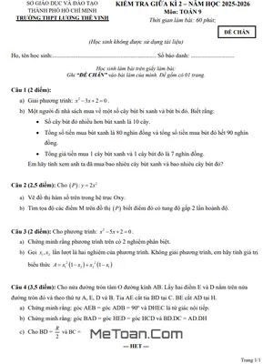 Đề Thi Toán Lớp 9 Giữa Học Kỳ 2 Năm 2025-2026 THPT Lương Thế Vinh TP.HCM Kèm Đáp Án Chi Tiết
