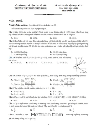 Đề Cương Ôn Tập Toán 11 Học Kỳ 2 Năm 2025-2026 THPT Trần Nhân Tông, Hà Nội