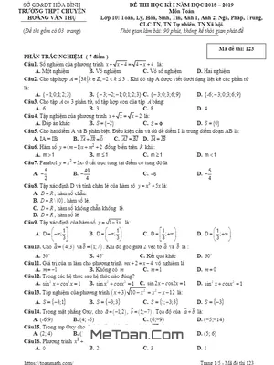 Đề thi HK1 Toán 10 năm 2018 - 2019 trường chuyên Hoàng Văn Thụ - Hòa Bình