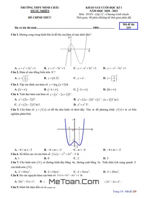 Đề thi HK1 Toán 12 năm 2020 – 2021 trường THPT Minh Châu – Hưng Yên