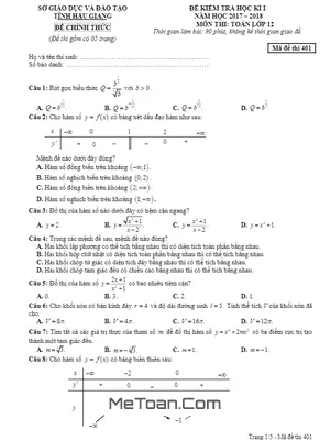 Đề kiểm tra HK1 Toán 12 năm học 2017 - 2018 sở GD&ĐT Hậu Giang (có đáp án)