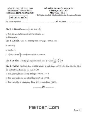 Đề Thi Giữa Kỳ 1 Toán 11 Năm 2023 - 2024 Trường THPT Phong Phú - TP.HCM