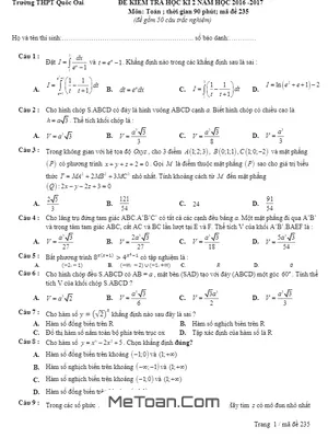 Tổng hợp Đề thi HK2 Toán 12 năm học 2016 - 2017 trường THPT Quốc Oai - Hà Nội có đáp án