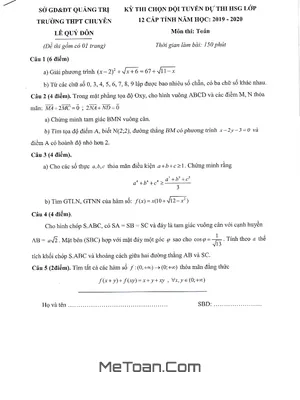 Đề thi chọn HSG Toán 12 năm 2019 - 2020 trường chuyên Lê Quý Đôn - Quảng Trị
