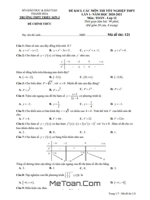 Đề thi thử Toán tốt nghiệp THPT 2021 lần 1 trường Triệu Sơn 3 – Thanh Hóa