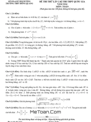Đề thi thử THPT Quốc gia 2016 môn Toán trường Hồng Quang – Hải Dương lần 2