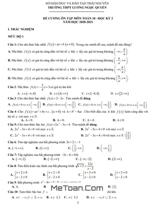 Đề Cương Ôn Tập HK2 Toán 10 Năm 2020 - 2021 Trường Lương Ngọc Quyến - Thái Nguyên