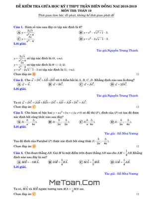 Đề kiểm tra giữa kỳ 1 Toán 10 năm 2018 - 2019 trường THPT Trấn Biên - Đồng Nai