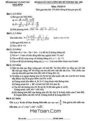 Đề thi học kì 1 Toán 9 năm 2023 - 2024 Sở GD&ĐT Thái Bình