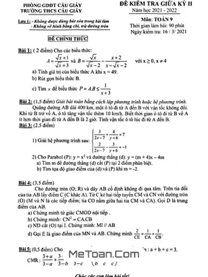 Đề kiểm tra giữa kỳ 2 Toán 9 năm 2021 - 2022 trường THCS Cầu Giấy - Hà Nội