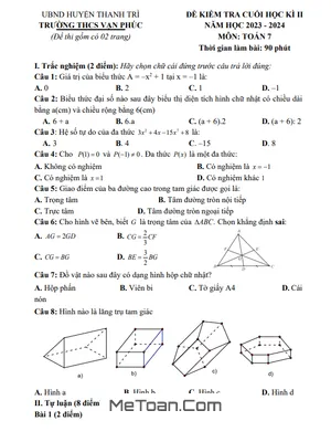 Đề Thi Học Kì 2 Toán 7 Năm 2023-2024 Trường THCS Vạn Phúc - Hà Nội