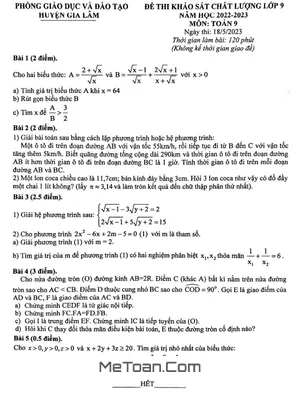 Đề khảo sát Toán 9 năm 2022 - 2023 phòng GD&ĐT Gia Lâm - Hà Nội