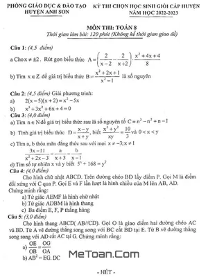Đề thi HSG Toán 8 cấp huyện năm 2022-2023 phòng GD&ĐT Anh Sơn, Nghệ An