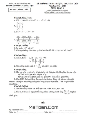 Đề thi học sinh giỏi huyện môn Toán lớp 6 năm 2013 - 2014 phòng GD&ĐT Nho Quan - Ninh Bình