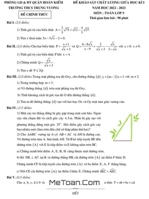 Đề thi giữa kì 1 Toán 9 năm 2022 - 2023 trường THCS Trưng Vương - Hà Nội