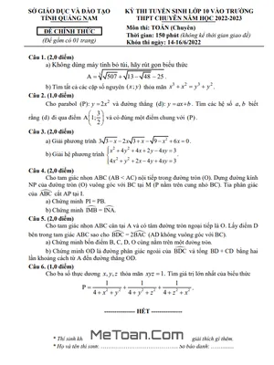 Đề Thi Vào Lớp 10 Chuyên Toán Quảng Nam 2022-2023
