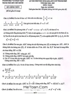 Đề thi HSG Toán 9 năm 2022 - 2023 Sở GD&ĐT TP. Hồ Chí Minh