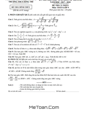 Đề thi học sinh giỏi Toán 9 cấp trường năm 2017 - 2018 trường THCS Sông Trí - Hà Tĩnh