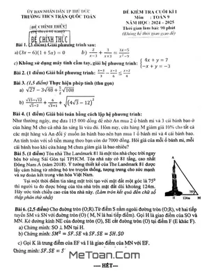 Đề cuối kì 1 Toán 9 năm 2024 - 2025 trường THCS Trần Quốc Toản - TP HCM