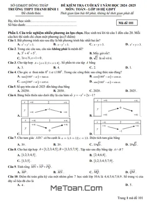 Đề thi HK1 Toán 10 năm 2024 - 2025 trường THPT Thanh Bình 1 - Đồng Tháp