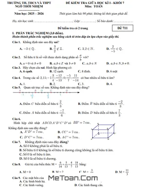 Đề thi Giữa Học Kì 1 Toán 7 năm 2025 - 2026 Trường Ngô Thời Nhiệm, TP.HCM